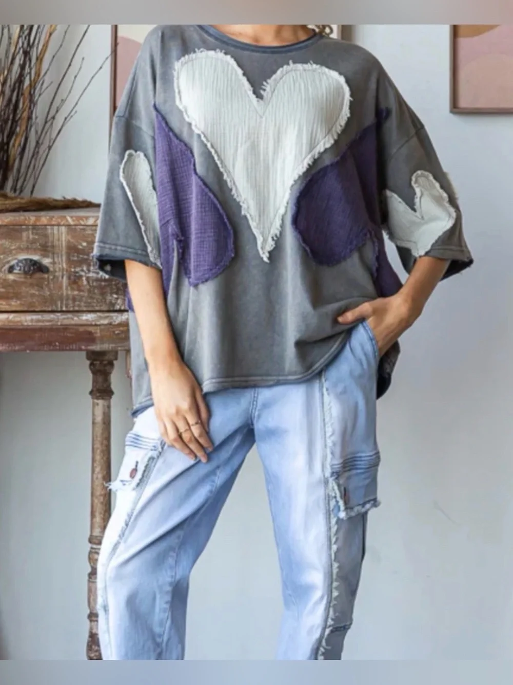 Oli & Hali Gray Tee with Cream and Deep Purple Heart Patches - Picture 3 of 14